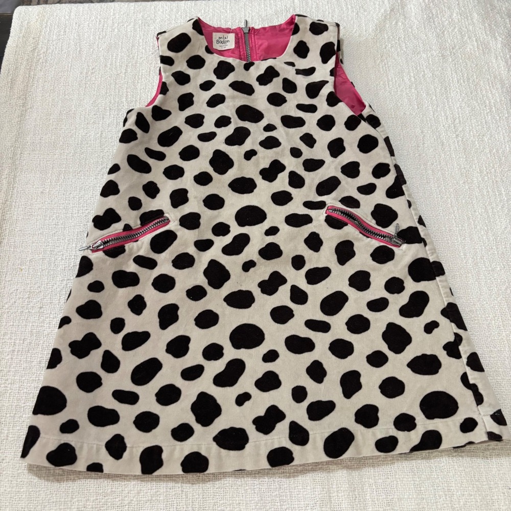 Mini Boden Girls Dalmatian Spot Corduroy Jumper Dress Pink Zip 5-6Y